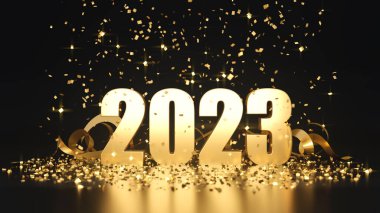 Yeni yıl 2023 Koyu Altın Parıltısı. 3B illüstrasyon