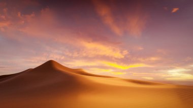 Çöl kumu günbatımının geniş arka plan pankartı. 3B illüstrasyon