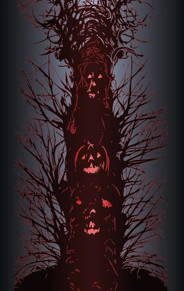 Ilustrace Strašidelného Halloween Stylu Stromu Tvářemi — Stockový vektor