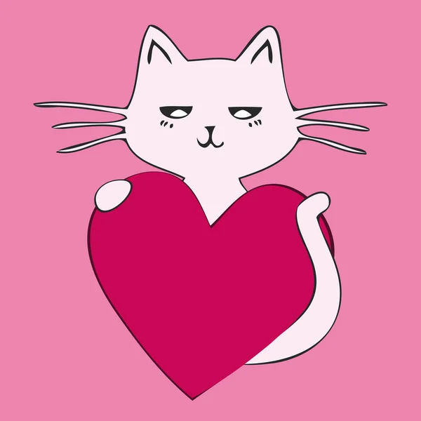 Illustration White Cat Pink Heart — Stock Vector