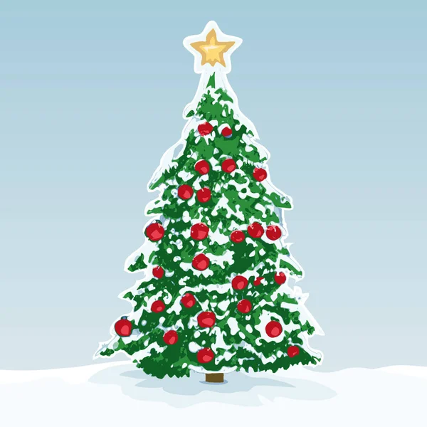 Μια Απεικόνιση Ενός Όμορφου Χιονισμένου Χριστουγεννιάτικου Δέντρου Κόκκινη Διακόσμηση — Διανυσματικό Αρχείο