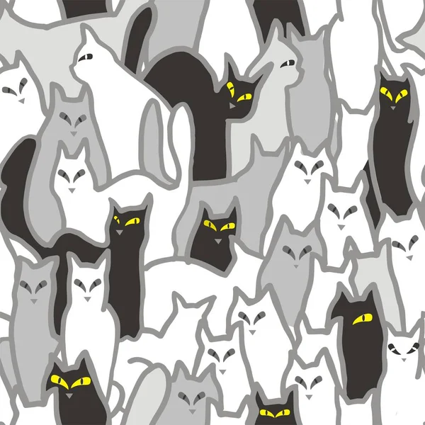 Street Cats Black Gray White Seamless Pattern White Black Background — Stock Vector