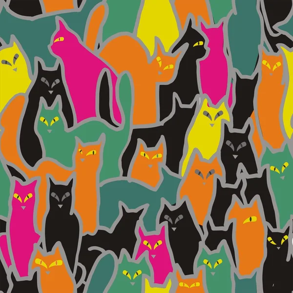 Street Cats Orange Green Black Yellow Pink Seamless Pattern Colorful — Stock Vector