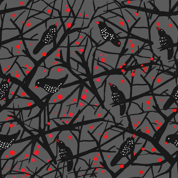 Початківці Гілках Дерев Червоному Чорно Білому Безшовний Візерунок Сірому Фоні — стоковий вектор