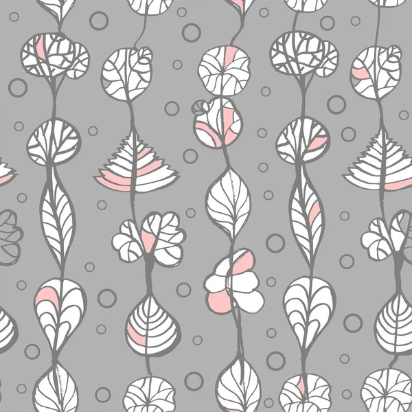 Leaves on a string in gray, pink and white a seamless pattern on a light gray background.