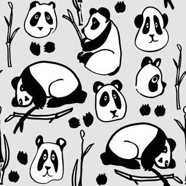 Siyah beyaz çizilmiş panda eli açık gri arka planda kusursuz bir desen..