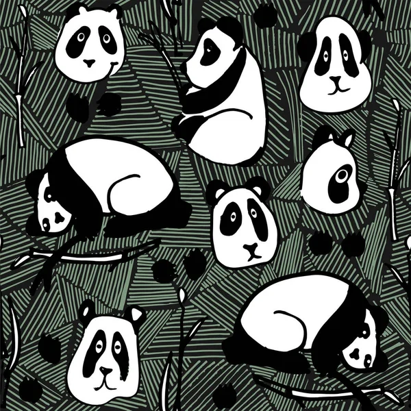 Panda Hand Getekend Zwart Wit Een Naadloos Patroon Een Donkergrijze — Stockvector