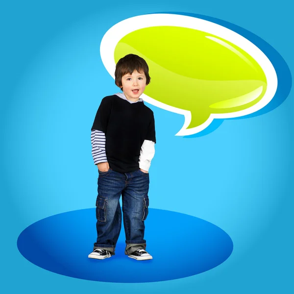 Boy with green glossy speech bubble — Stock Photo, Image