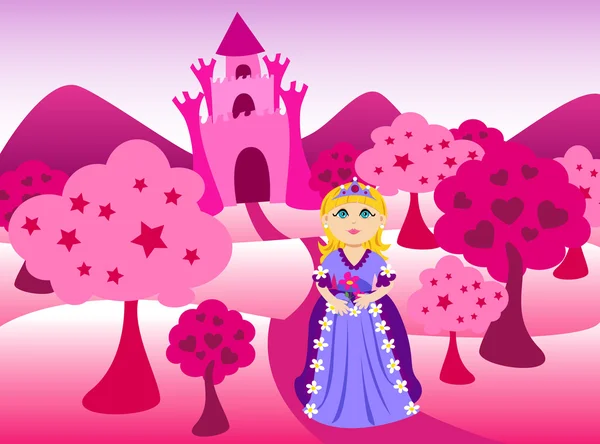 Princesa e rosa castelo paisagem — Vetor de Stock