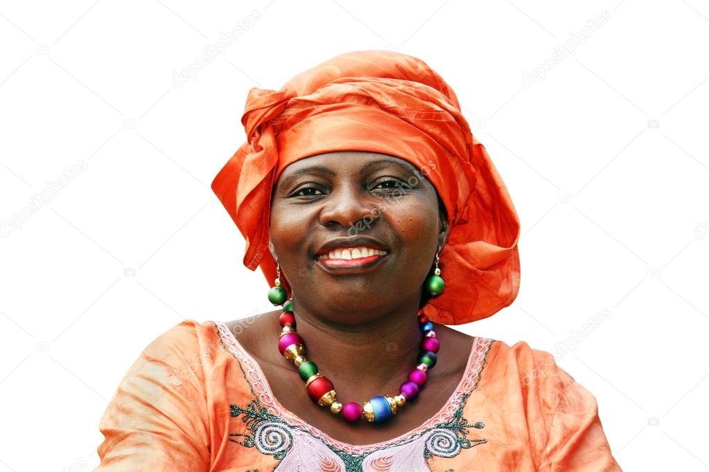 Smiling African woman in orange scarf on white