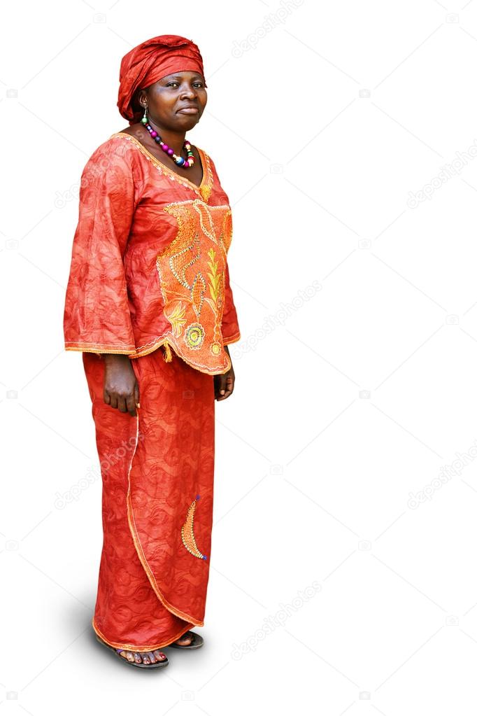 African woman in traditional clothing on white