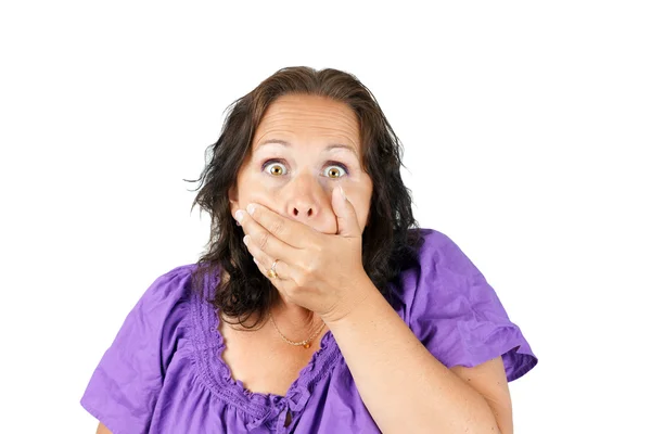 Shocked woman with hand over mouth Stock Photo