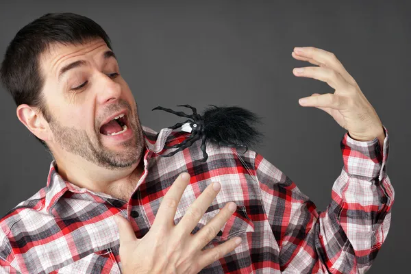 Homem assustado por uma aranha falsa — Fotografia de Stock