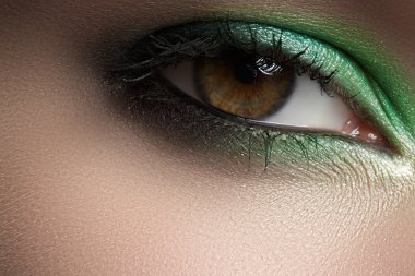 Elegance close-up of female eye with green smoky eyeshadow. Macro shot of face part clipart