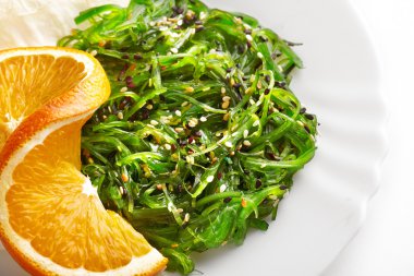 Japon mutfağı, beyaz levha yosun salata. Sağlıklı organik deniz ürünleri