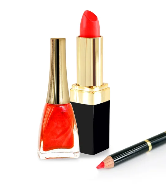 Rode lippenstift, nailpolish en lip potlood — Stockfoto