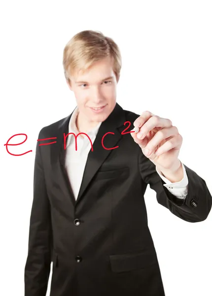 Blond handsome man drawing formula — Stock Photo, Image