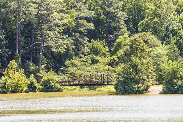 Rezavé železné most přes zelené jezero — Stock fotografie