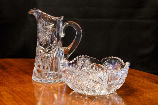 Cut Glass Crystal Bowl and Pitcher on Wood Table — Stock Photo, Image