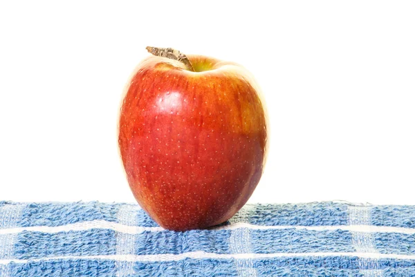 Manzana roja única en mantel plano azul — Foto de Stock