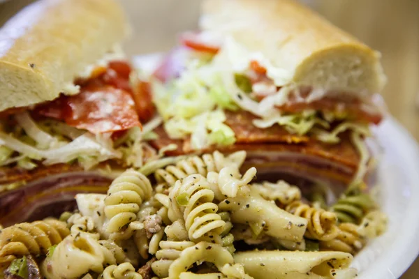 Fresh Sub Sandwich with Pasta Salad — Stock Photo, Image