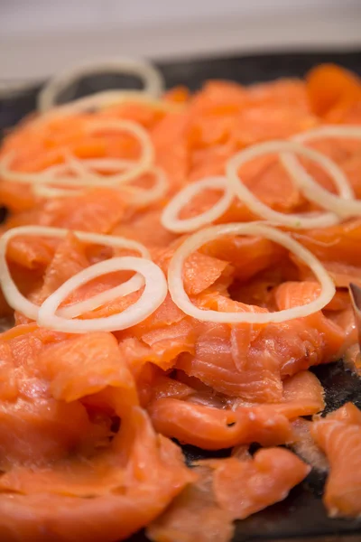 Smoked Salmon and Onion Slices — Stock Photo, Image