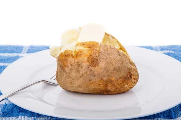 Baked Potato on White Plate and Blue Towel with Butter — Stock Photo, Image
