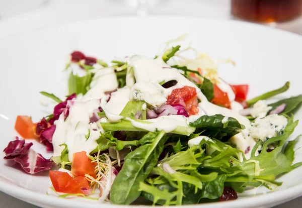 Salada verde mista com molho cremoso — Fotografia de Stock