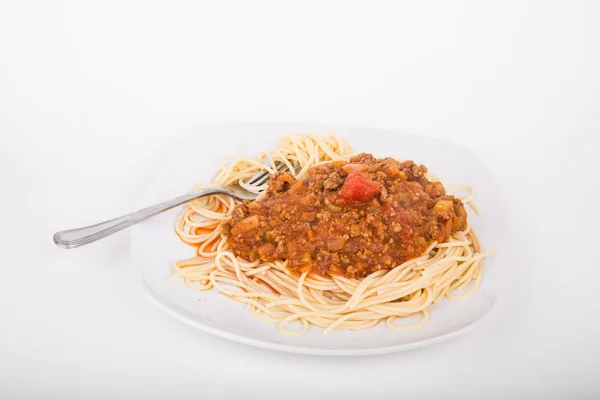 Spaghetti bolognese med gaffel — Stockfoto
