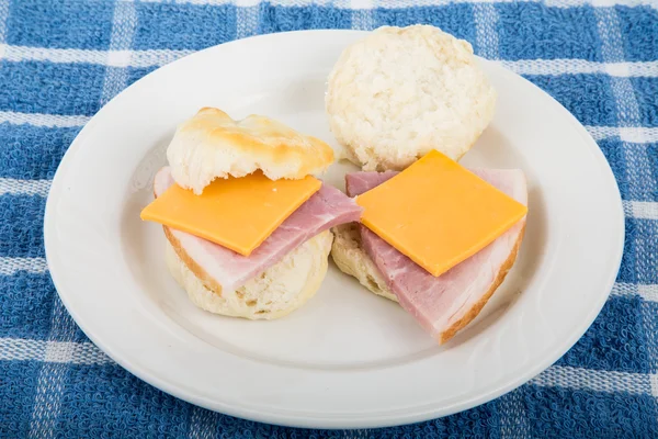 Ham and Cheese Biscuits on White Plate — Stock Photo, Image