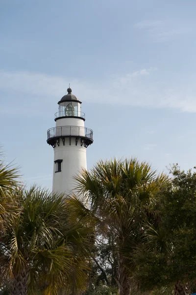 Phare blanc derrière les palmiers — Photo