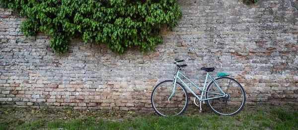 レンガの壁の緑の自転車 — ストック写真