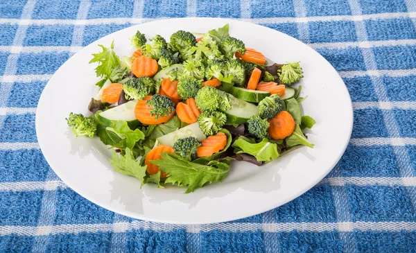 Salade de jardin fraîche de concombre de carottes brocoli sur les légumes verts des champs — Photo