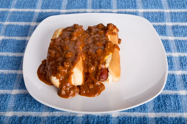 Two Hot Dogs Smothered in Chili — Stock Photo, Image