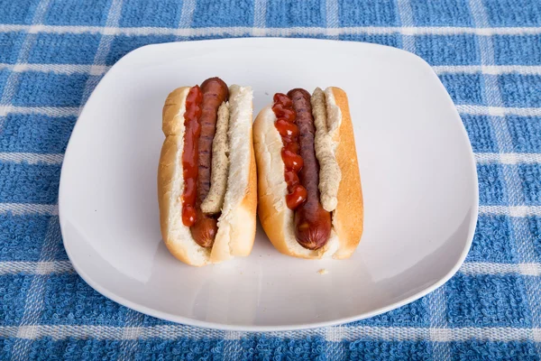 Two Hot Dogs with Mustard and Ketchup — Stock Photo, Image