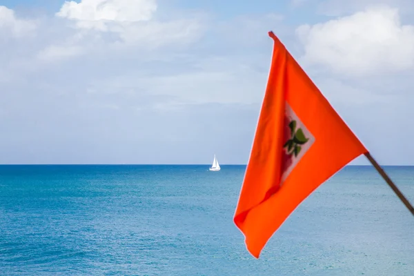 Bílé plachetnice na modré moře s oranžový příznak v popředí — Stock fotografie