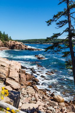 Mavi su ve kayalık sahil üzerinde beyaz sörf