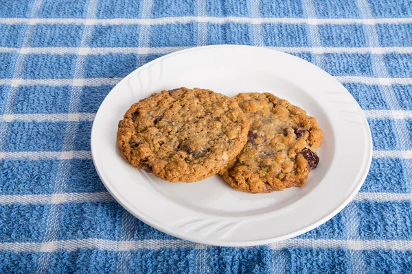 Dos galletas de pasas de avena en la placa blanca —  Fotos de Stock