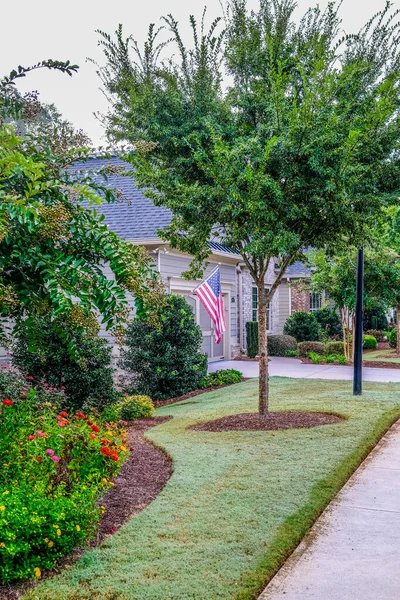 木の向こうのタウンハウスのアメリカ国旗 — ストック写真