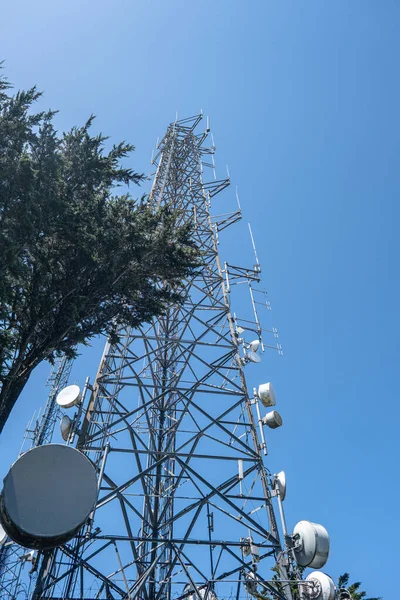 Cellular Telephone Microwave Communication Tower Blue Sky — Stock Photo, Image
