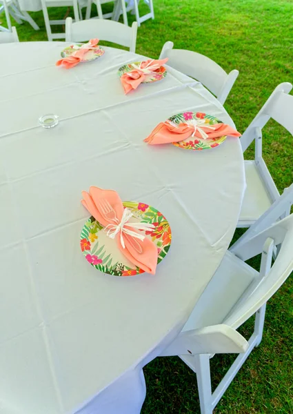 Pink Napkins Paper Plates White Tablecloth — Stock Photo, Image
