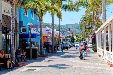 AVALON, CALIFORNIA - 24 Nisan 2022: Avalon, Los Angeles açıklarındaki Kanal Adaları 'nda Santa Catalina Adası' nda turizm odaklı işletmelerin hakim olduğu bir tatil beldesi..