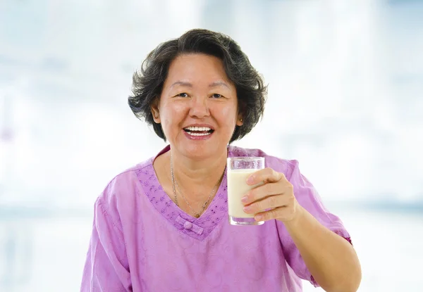 Healthy Senior Asian and soy milk — Stock Photo, Image