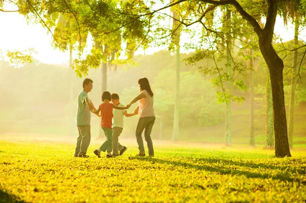 Счастливая азиатская семья играет на поле — стоковое фото