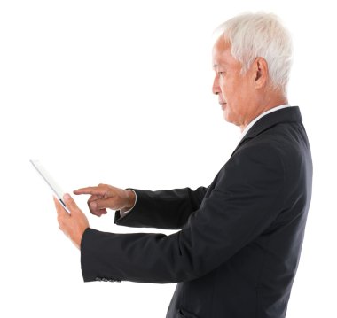 Asyalı Çinli patronu tablet bilgisayar kullanma