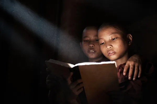 Kleine Mönche lesen Buch — Stockfoto