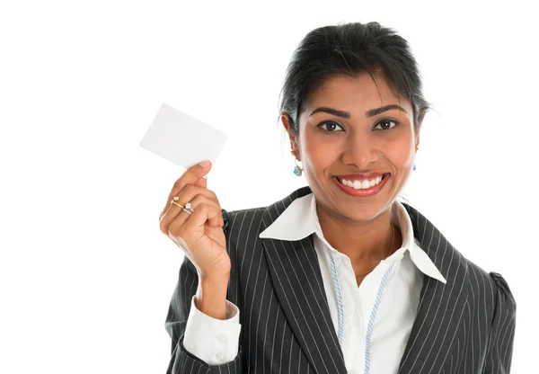 Indian businesswoman shows a blank name card — Stock Photo, Image