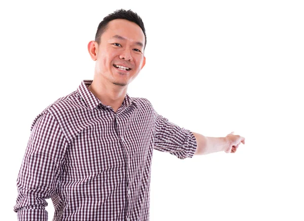 Asian male finger pointing something — Stock Photo, Image