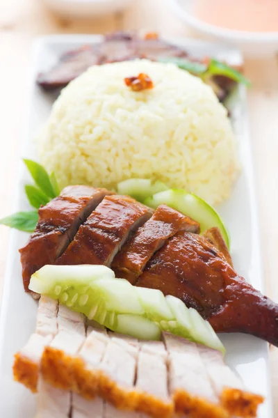 Kızarmış ördek ve kavrulmuş domuz eti gevrek siu yuk pirinç — Stok fotoğraf
