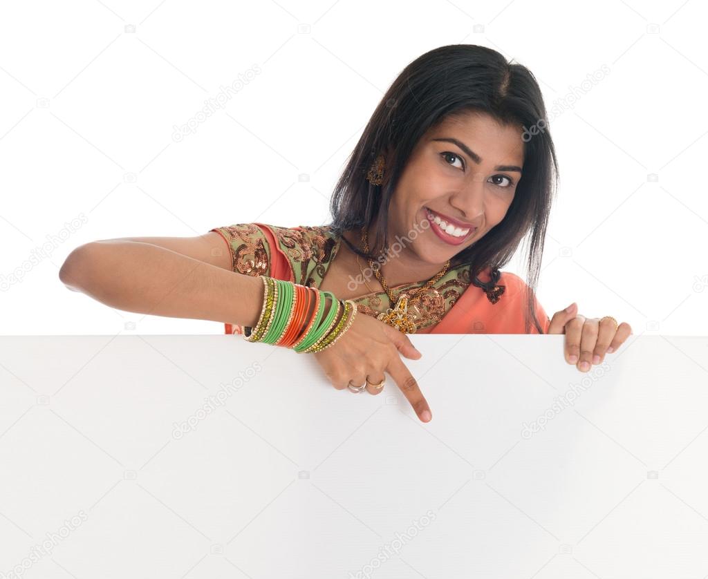 Indian woman holding blank white card